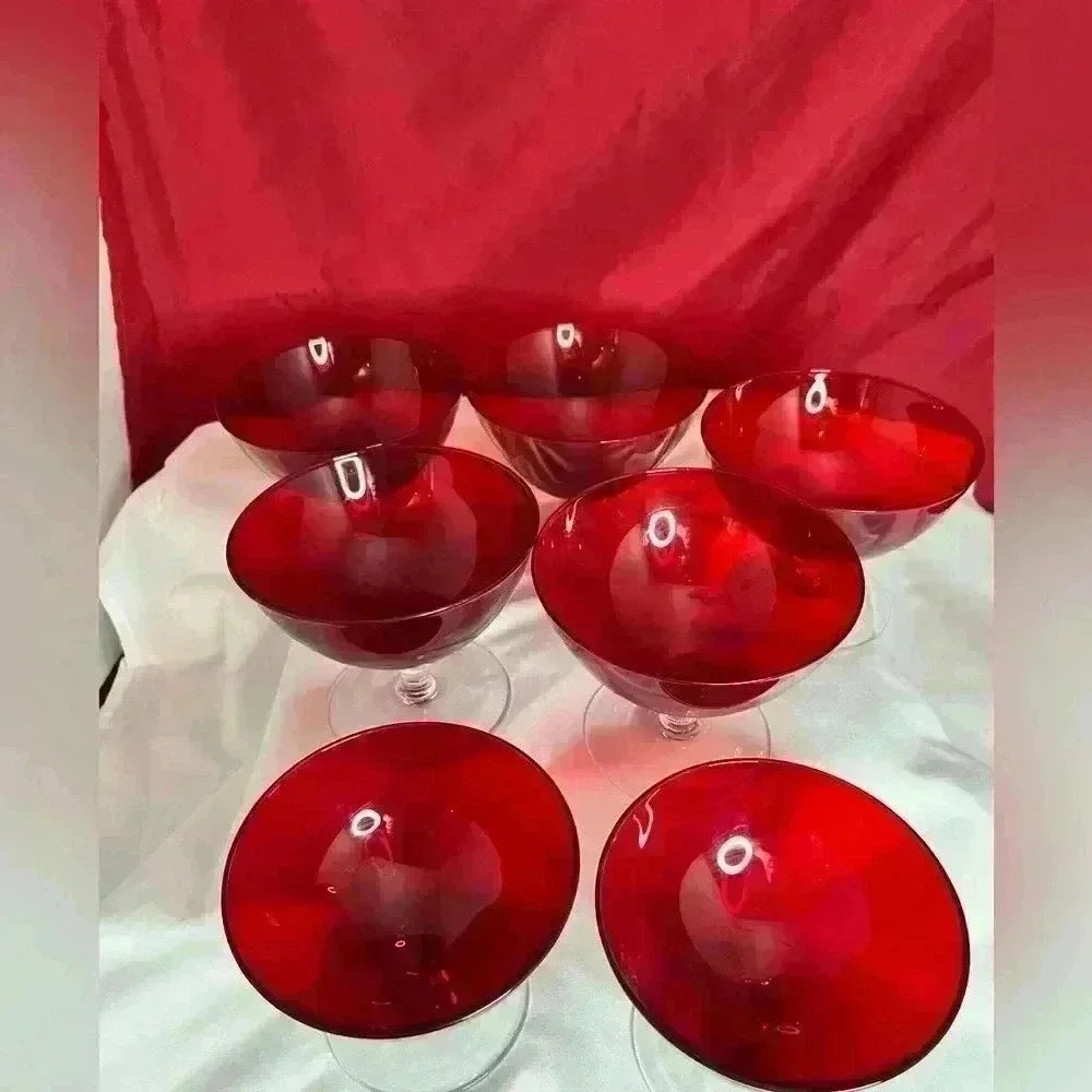Vtg. 7- Cranberry Glass, footed Sherbet glasses/ wafer stems - Picture 1 of 7